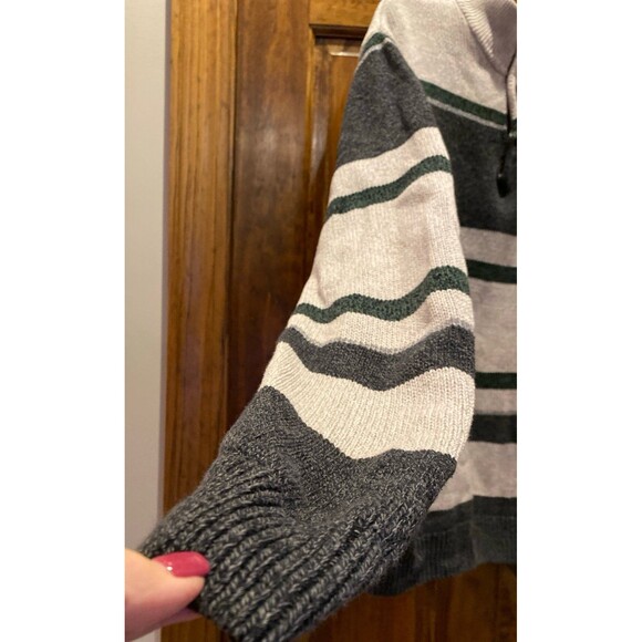 Chaps Men’s Sweater Size Large 100% Cotton Striped Heavy Knit EUC Tan & Gray - Picture 4 of 10